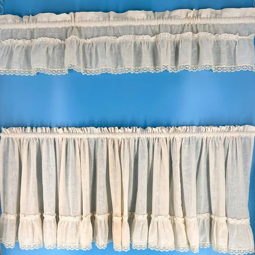 Cottagecore Vintage Cafe Curtain Set Tiered Ruffled Lace Trim 5 Pieces